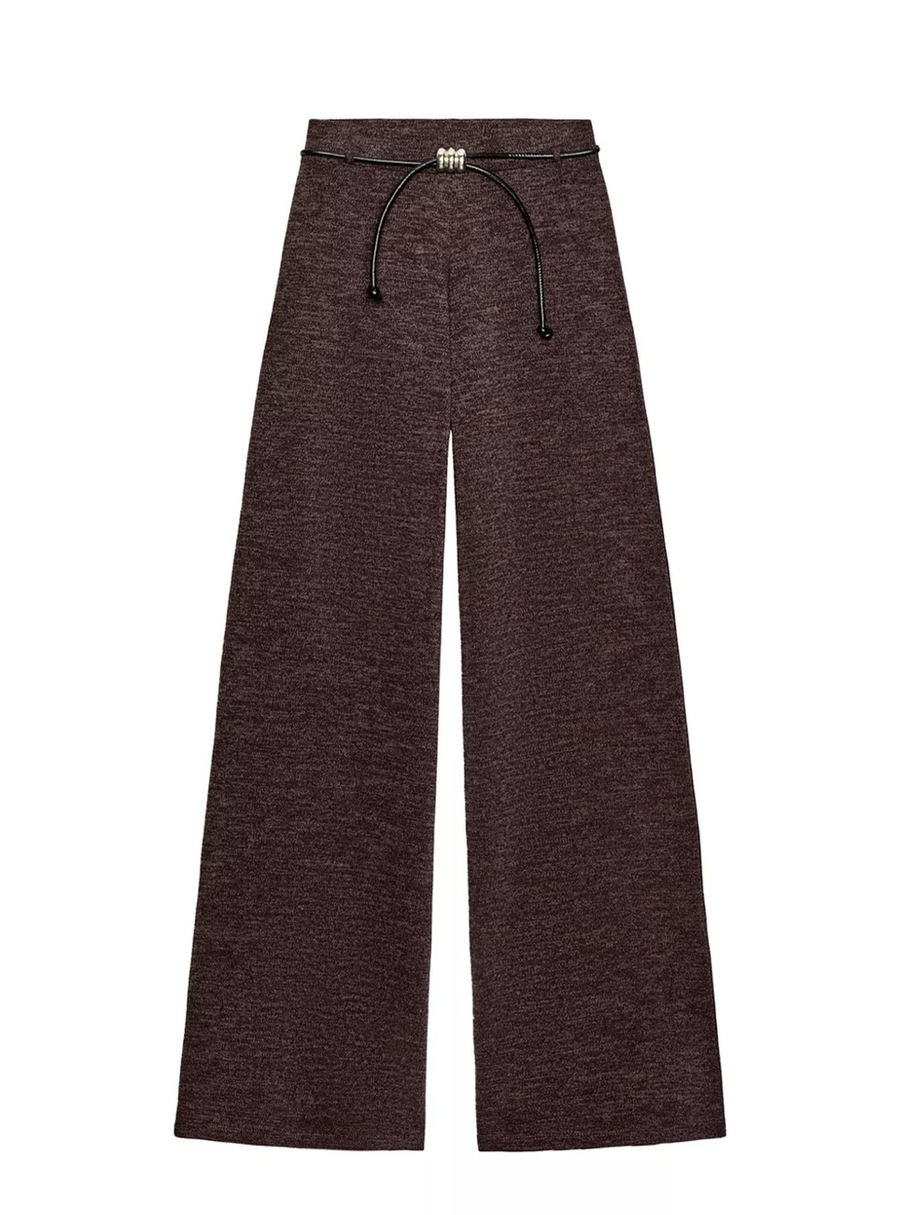 Zara Pique Belted Pants Wide-Leg High-Waist Pants in Dark Brown Size L